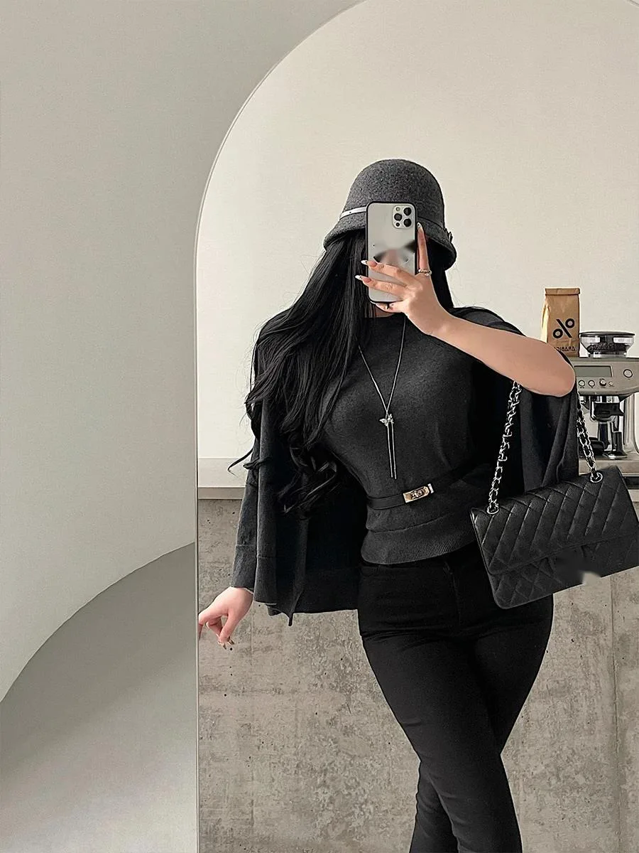 Korean Style Temperament Pure Desire Knitted Shawl Cape Top With Belt Loose Fashion Women Sweater Sweet Women Tops 2025 2QU5