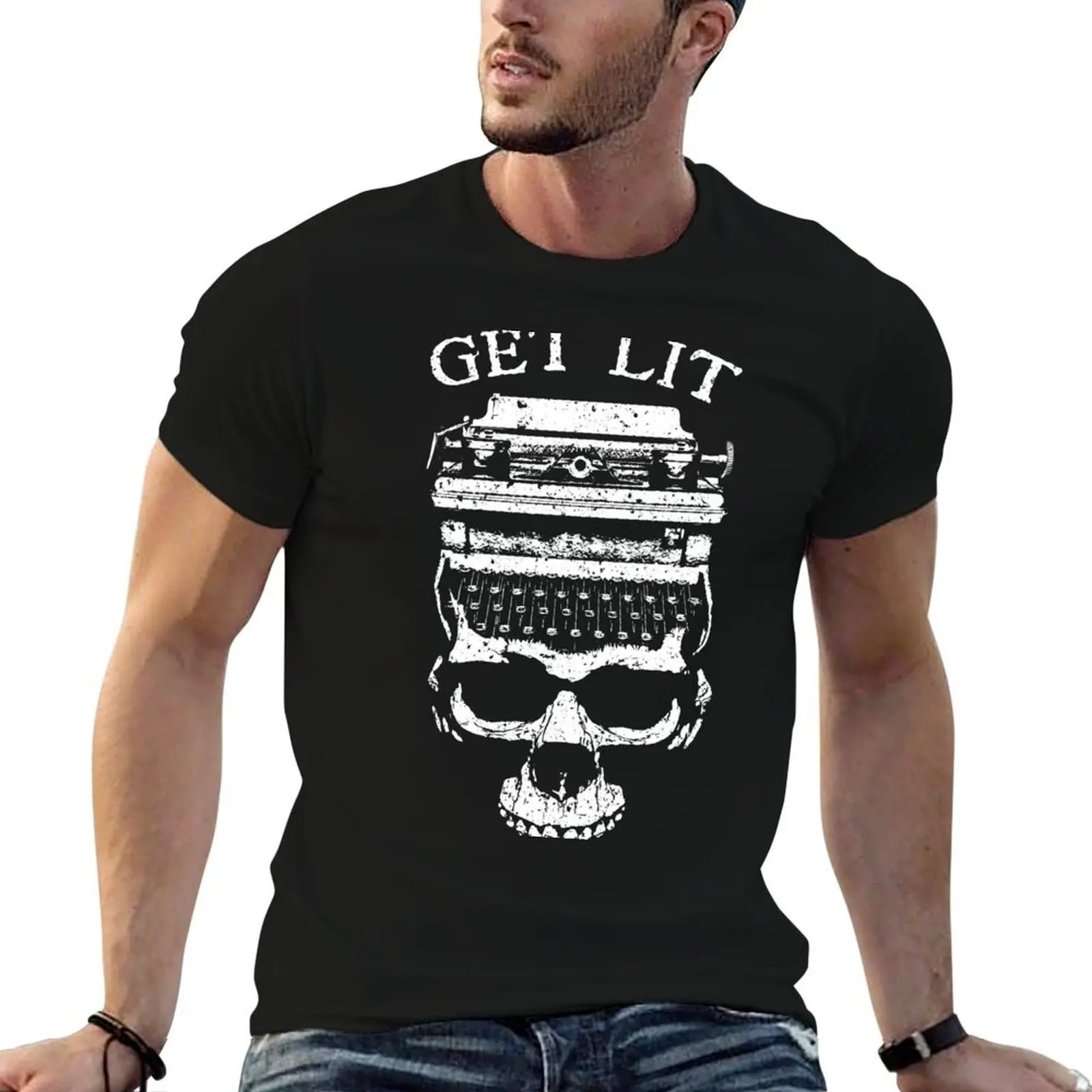 

Get Lit Writer Halloween Author Novelist Typewriter Skull T-Shirt t shirt man casual man t shirts cotton T-Shirt