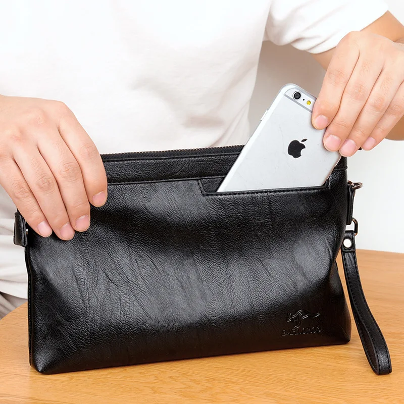 

Men's PU Leather Clutch Bag Fashion Card Holder with Phone Pouch Hand/Wrist Strap Envelope Style Male Purse