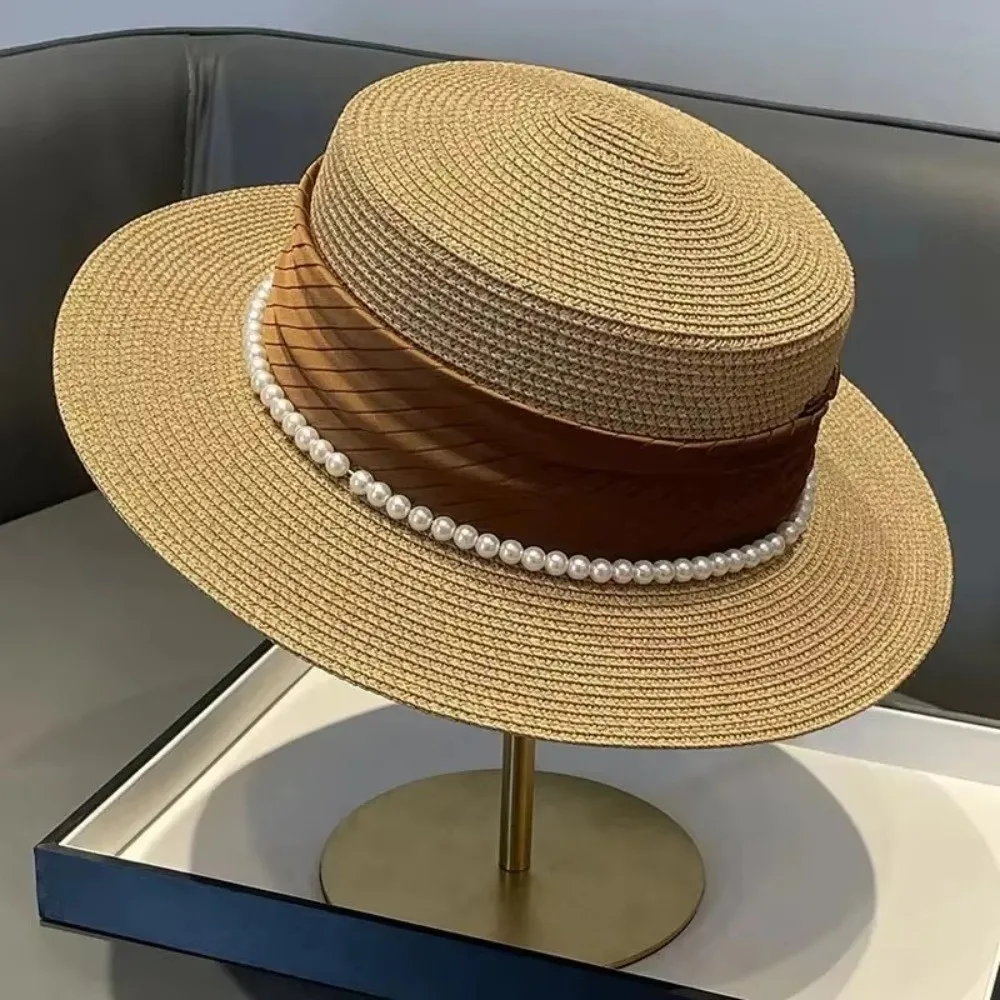New French Hepburn Style Straw Hat Solid Color UV Protection Pearl Chain Hat Breathable Straw Weaving Wide Brim Hat Beach Wear