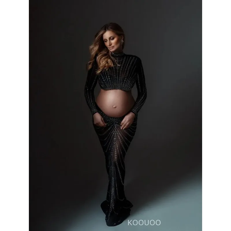 

Maternity Photo Shoot Cut Out Dresses Rhinestone Stretchy Pregnancy Photography Women Outfit Halter Crystal Hot Fix Set Dress