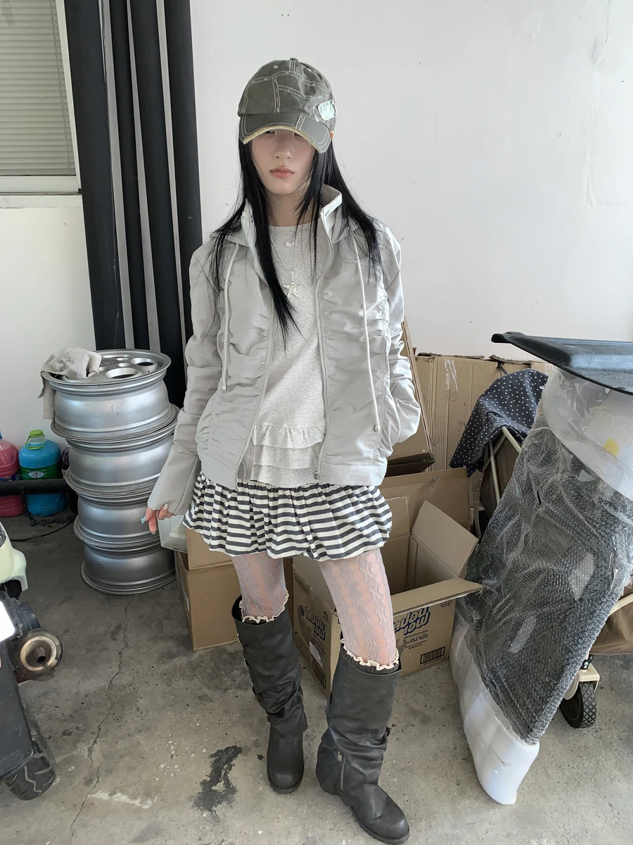 

Original Functionali ey Pleated Hooded Jaet Workwear Zipper ort Outerwear for Women Commute Sle Loose Fit Long Sve