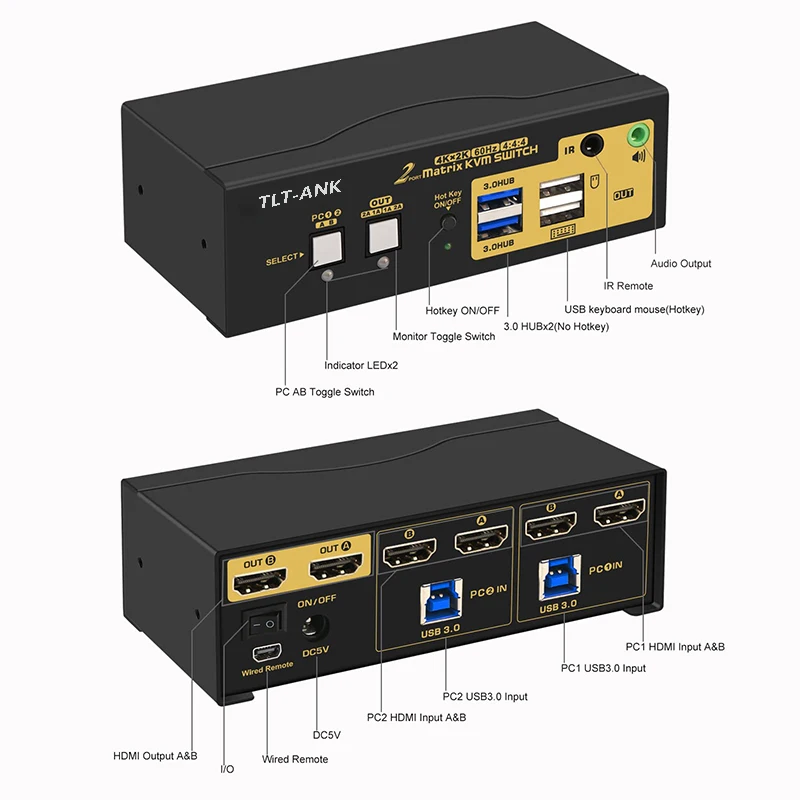 

Dual Monitor HDMI-compatible Switch Matrix 2x2 KVM Switcher USB3.0 Support IR remote ,Hotkey