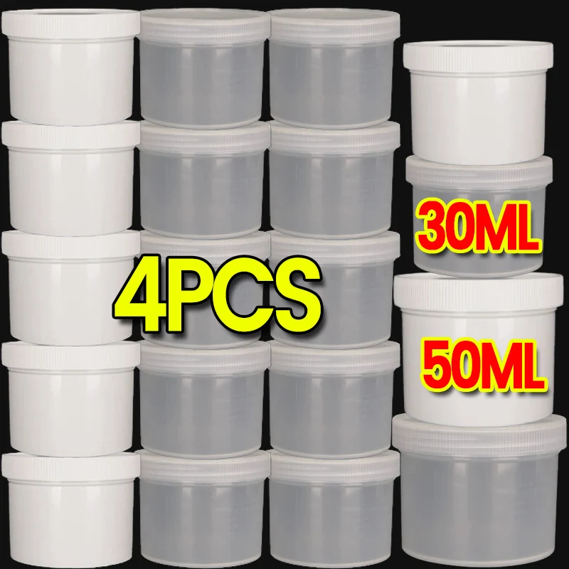 

4 шт., 30 мл-50 мл, прозрачные пустые банки для хранения, пластиковая крышка, круглые бутылки с широким горлышком, контейнер, канистра, прозрачные белые дорожные бутылки