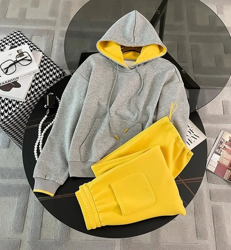 Damen Outdoor-Laufset Jogging Fitness Lose Sportbekleidung Laufoutfit Winter Fleece Kapuzenpullover Zweiteiliges Set – Detail 5