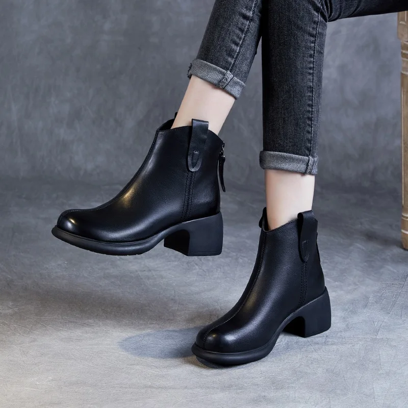 DRKANOL 2024 British Style Women High Heel Boots Round Toe Back Zipper Genuine Leather Thick Heel Warm Casual Short Ankle Boots