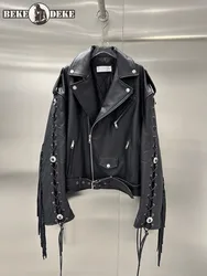 Luxury Women Punk Stage Show Lace Up Tassels Cowhide Genuine Leather Jacket Unisex Coat Belted Loose Fit Gothic Padded Jacket