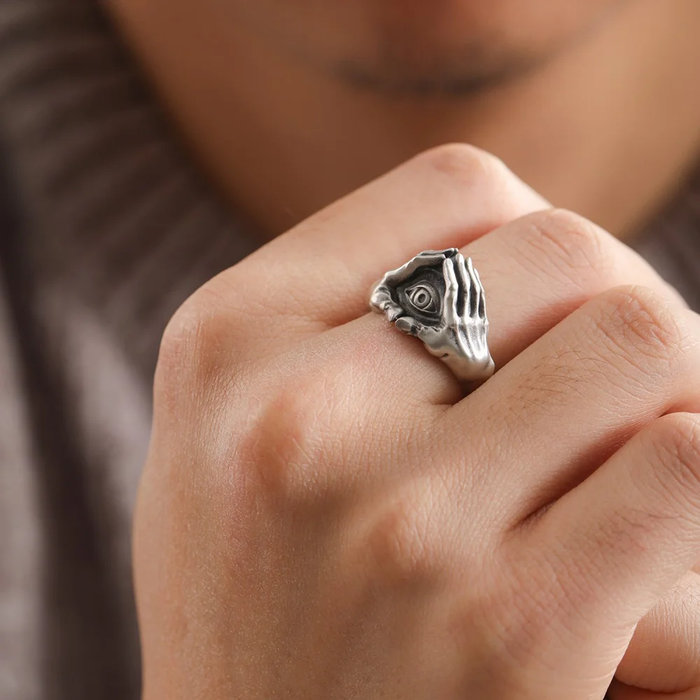 

Exaggeration Palm Eye Metal Ring Man Luxury Adjustable Stainless Steel Rings Party Jewelry Accessories Boyfriend Male Gift