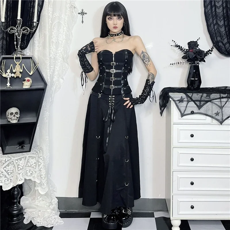 Goth Dark Acubi Fashion Black Swing A-line Skirt Punk Grunge Metal Buckle Streetwear Bandage Skirts Mall Gothic Alt Clother
