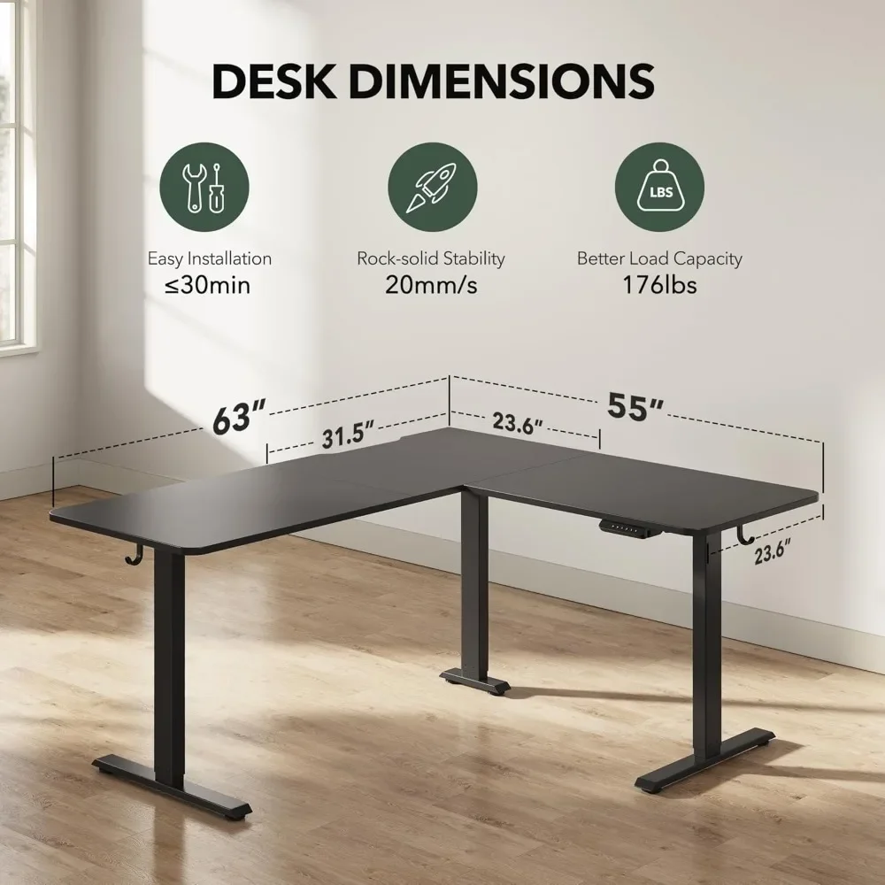 L-förmiger Stehschreibtisch, 63" Eckschreibtisch mit elektrisch verstellbarer Höhe, L-förmiger verstellbarer Schreibtisch mit Spleißplatte