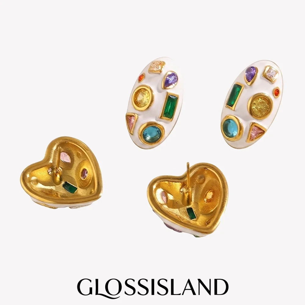 Glossisland | Pendientes geométricos de circonita con efecto de goteo de aceite, de acero inoxidable, antialérgicos, estilo vintage y moderno, para mujer, ideales para regalo.