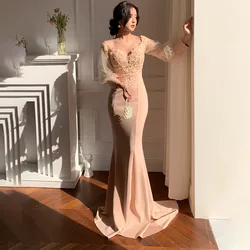 Champagne Evening Dresses for Women 2023 Appliques Lace Sheath Prom Dress with Sleeve Tulle Long V-Neck vestidos de cerimonia