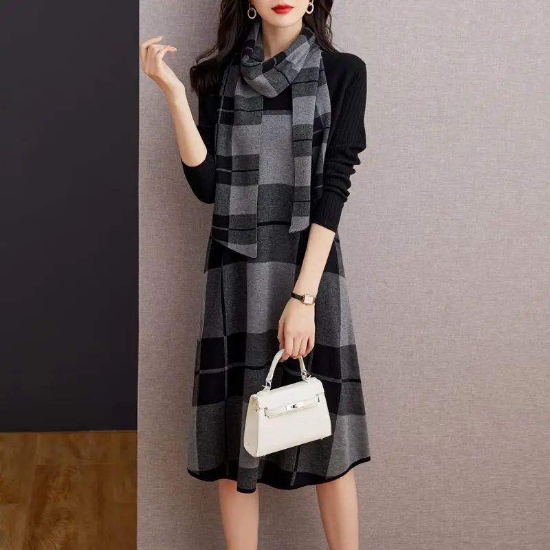 Oversize Loose Women Knitting Sweater Dress 2024 New Female Autumn Winter Clothes Fashion Elegant Plaid O-neck & Shawl Dresses