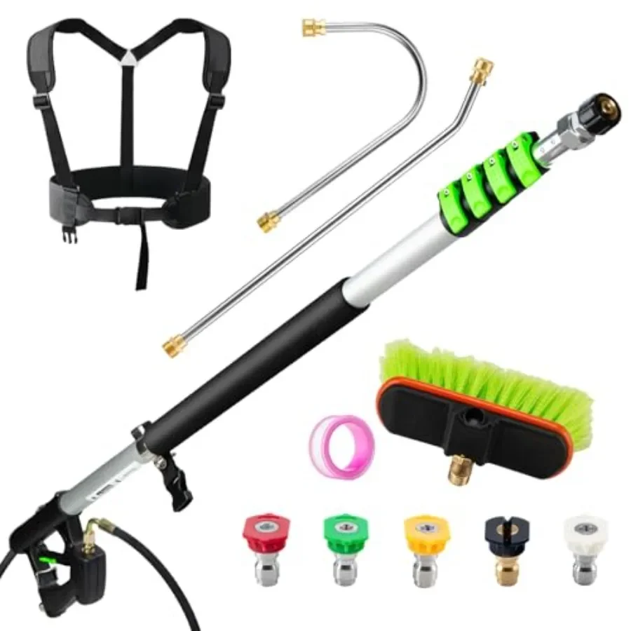 

Pressure washer telescoping wand for gutter cleaning, aluminum alloy, black, extends to 24 feet with 5 nozzle tips, 2 hose adap
