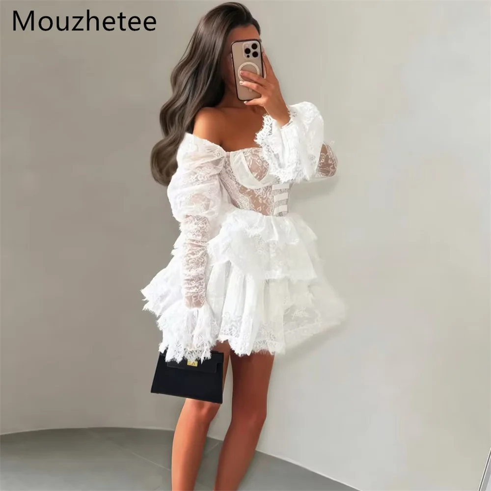 

Mouzhetee A-Line Simple Mini Ruffle Lace Wedding Dresses Off The Shoulder Elegant Brides Gown Custom Made 2026