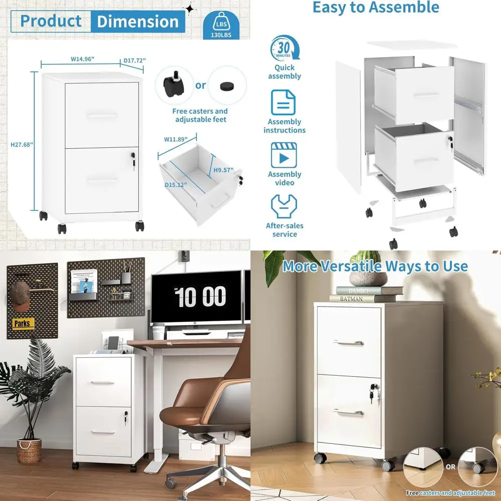 

Lockable 2-Drawer Mobile File Cabinet, Metal Storage with Wheels, Under-Desk Vertical Filing for Home Office, Assembly Required