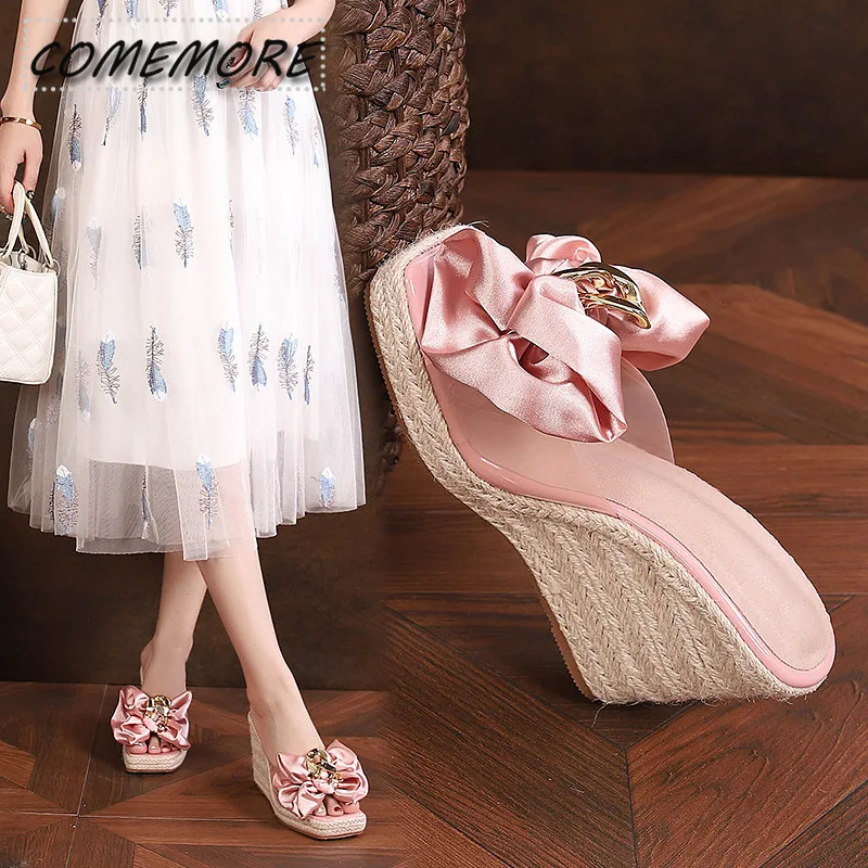 Luxury Sandals Platform Wedges Heel Slippers Women 2024 Summer Fashion Pink Butterfly-knot Designer Plus Size 45 46 Female Shoes