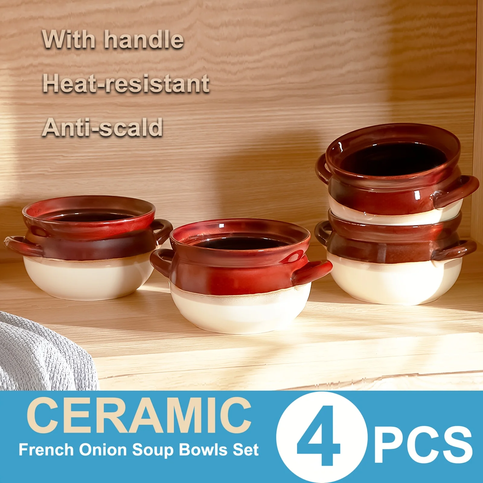 

4pcs Ceramic French Onion Soup Bowls, 30 Ounces Deep Bowl Set with Handle, 6.8 inch, Heat-Resistant And Anti-Scald Design, Microwave Dishwasher Oven Safe, Bronze, Large Kitchen Rice Bowl for Salads, Noodles, Desserts, Pasta, Rice, Oatmeal