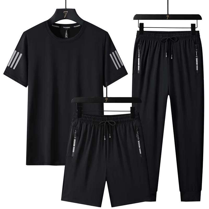 BoJsd Summer Men Large Size Ice Silk Sports Leisure Suit Round Neck T-shirt Quick-Drying Short-Sleeved Trousers Three-Piece Set