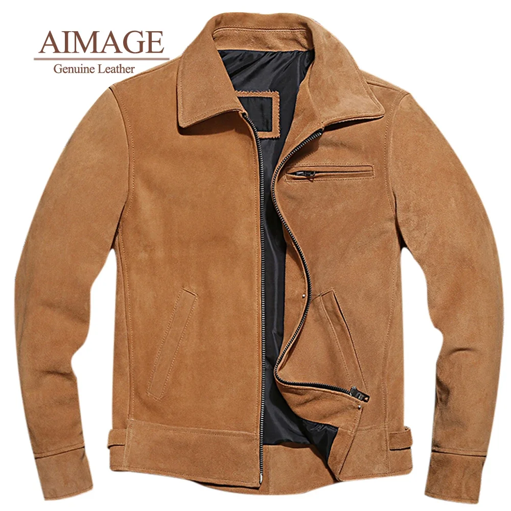 AIMAGE-Veste Pilote Vintage Marron en Cuir de Vache group, Manteau en Daim PY139