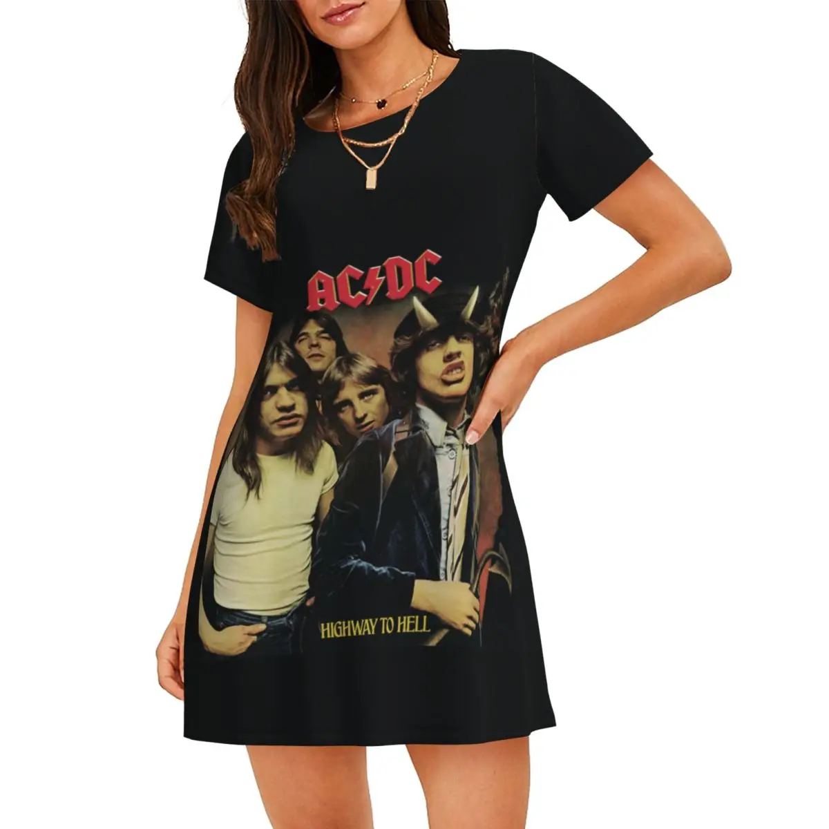 

Custom Highway To Hell By AC DC Album Cover Short Sleeves Nightdress Sleeping Womens Nightgown Rock Band Dress Sleeve Nightgowns