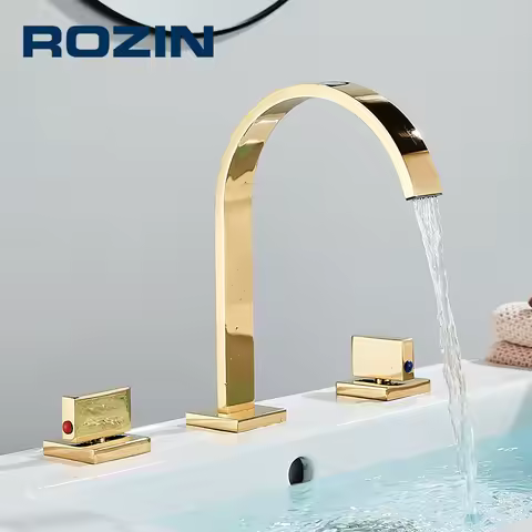 Gold Basin Faucet Bathroom Double Handle 3 Holes Deck Mounted Bath Sink Faucets Brass Cold Hot Basin Water Tap