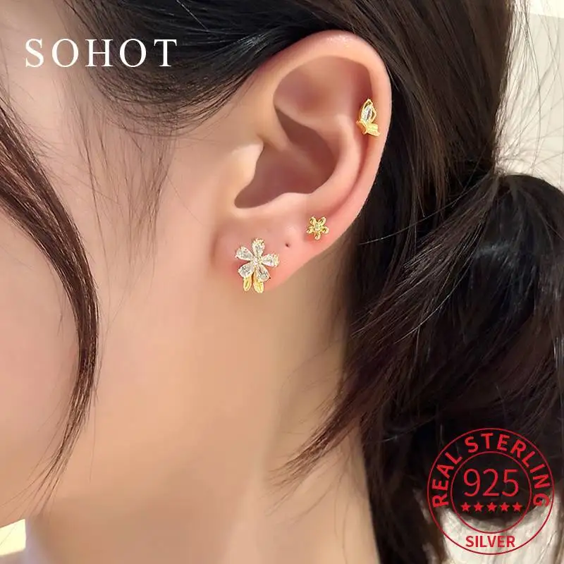 

Real 925 Sterling Silver Mini Flower Butterfly Zircon Earrings For Fashion Women Cute Fine Jewelry Light luxury Accessories