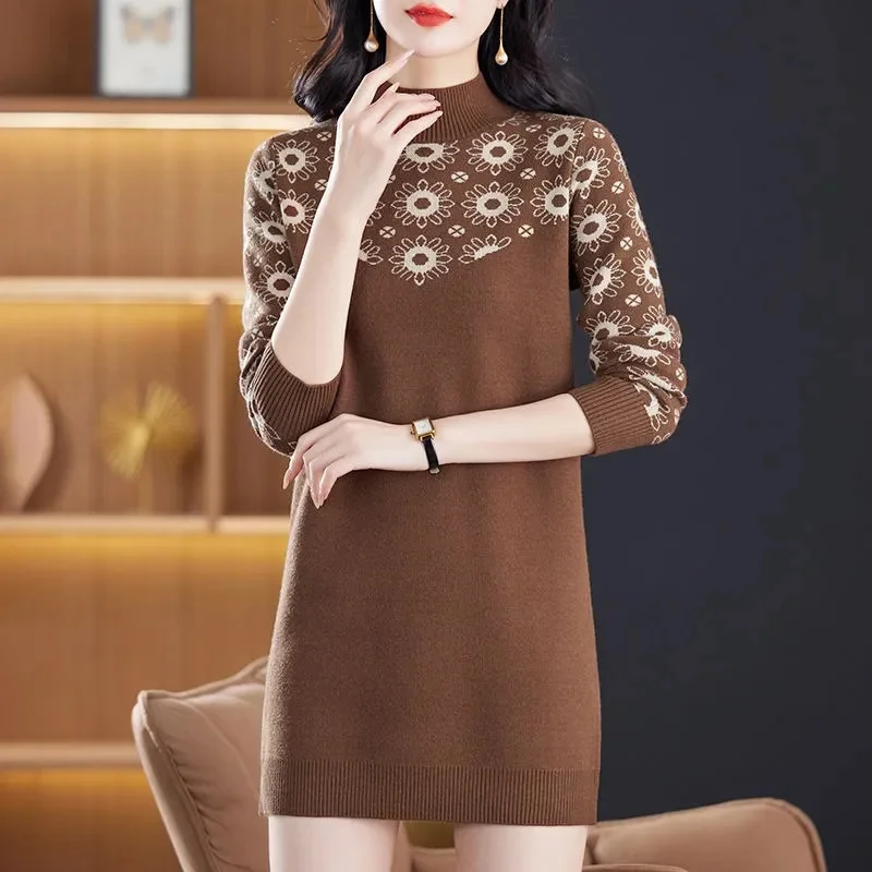 Women Jumper Wool Knitted Loose Sweater Winter Long Sleeve Print Half High Collar Thick Soft Comfort Knitwear Jumper Female Tops