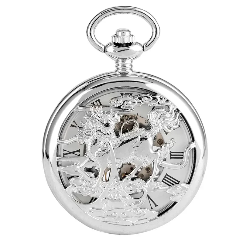 Vintage Unisex Mechanical Hand-winding Pocket Watch Silver Hollow Out Kirin Men Women Skeleton Clock with Pendant Chain Reloj