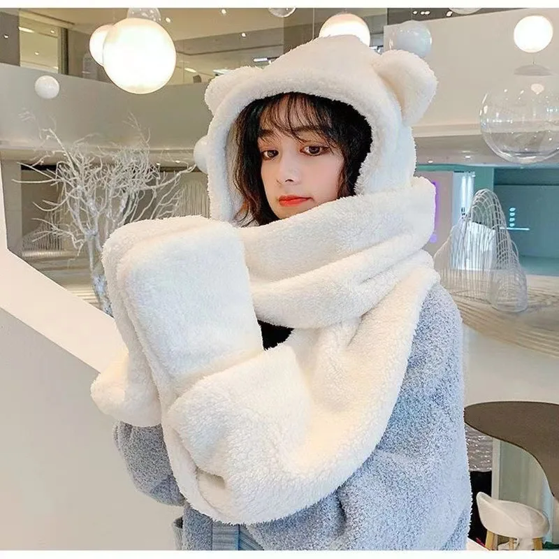 Cute Bear Ear Beanies Hat for Women Winter Warm Beanies Hat Scarf Gloves Set Women Novelty Caps Casual Plush Hats Fleece Hats