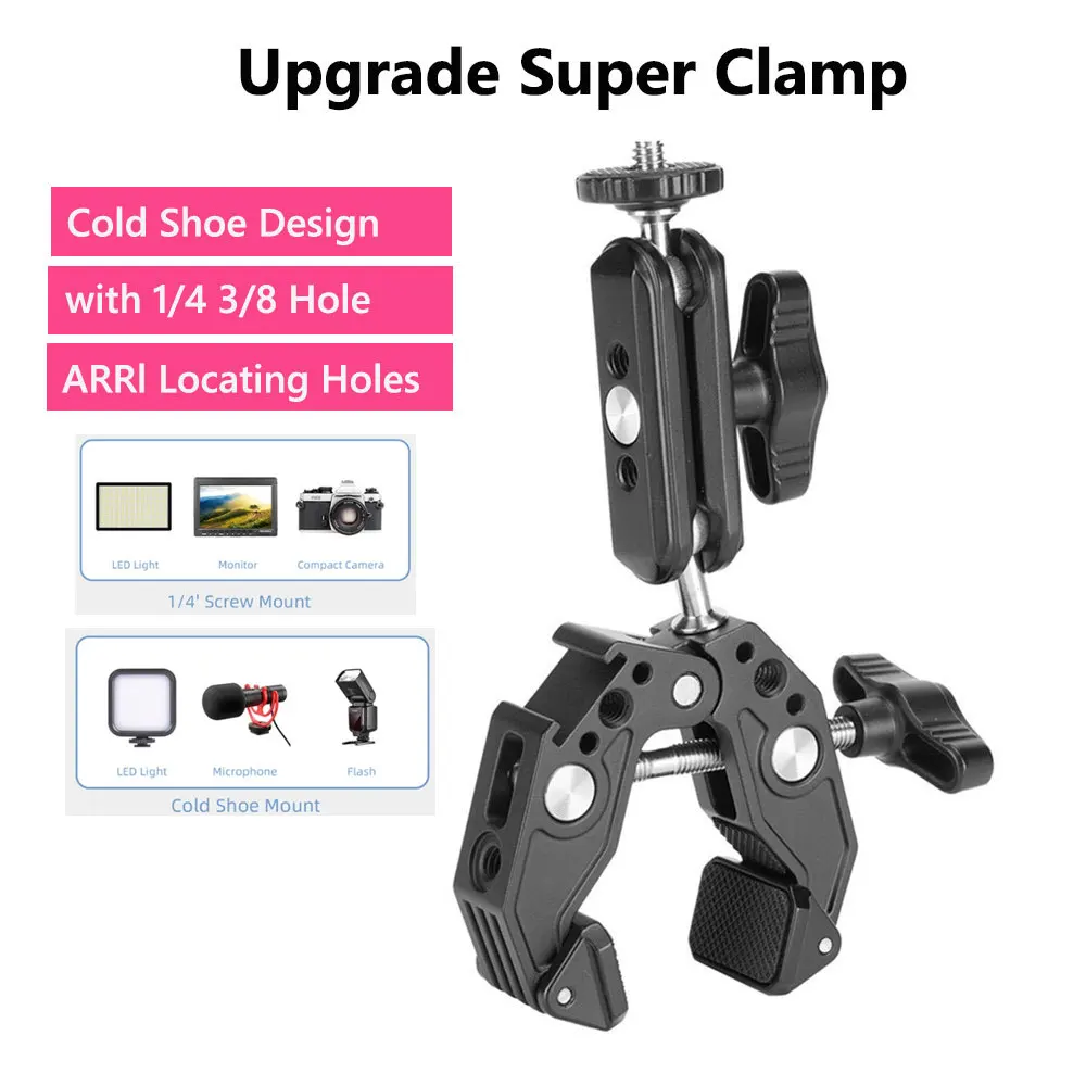 

2025 Upgrade Metal Super Clamp Magic Arm Clamp w 1/4 Cold shoe ARRl Holes for Camera Phone Monitor Mic Light Magic Arm Umbrella