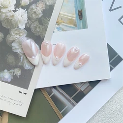 Aurora Handmade Press On Nails White Almond French Fake Nails Medium Wearable Manicure Simple Pearl Decoration Finger Nails Art