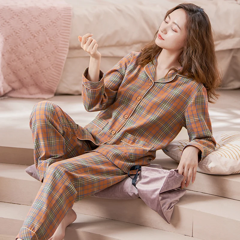 Women Woven Full Cotton Nightwear Suit Spring Long Sleeve Plaid Pajamas Casual Cardigan Homewear M L XL XXL 3XL Pijamas Mujer