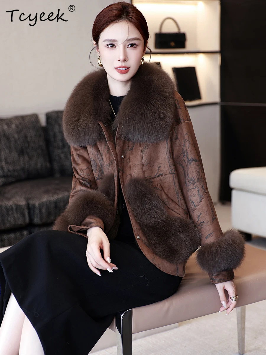 Tcyeek Autumn Winter Rabbit Fur and  Integrated High End Korean Version Fox Fur Collor Brown Women's Fur Coat Fourrures Femme