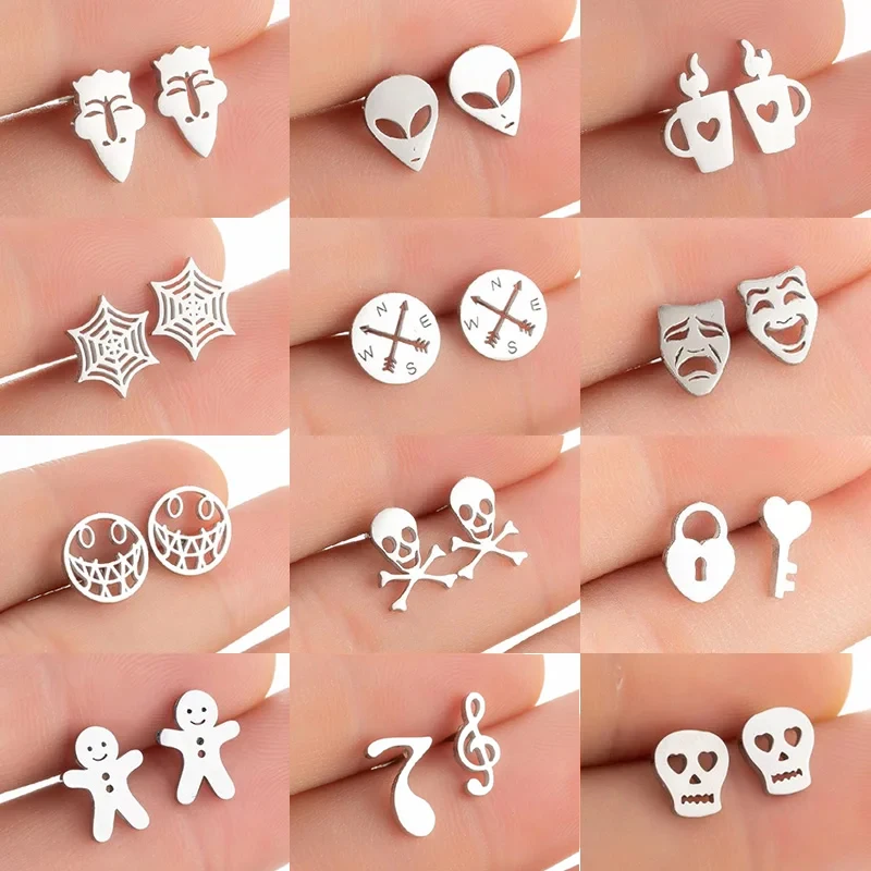 Unique Unisex Stainless Steel Earrings Women 2024 Everyday Jewelry Cute Compass Aliens Skull Spider Web Ear Studs Hallowmas Gift