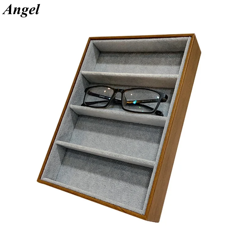 

Wooden Eyeglass Jewelry Organizer 4 Compartment PU Lined Display Tray for Sunglasses Watches Accessories Solid Wood Protective
