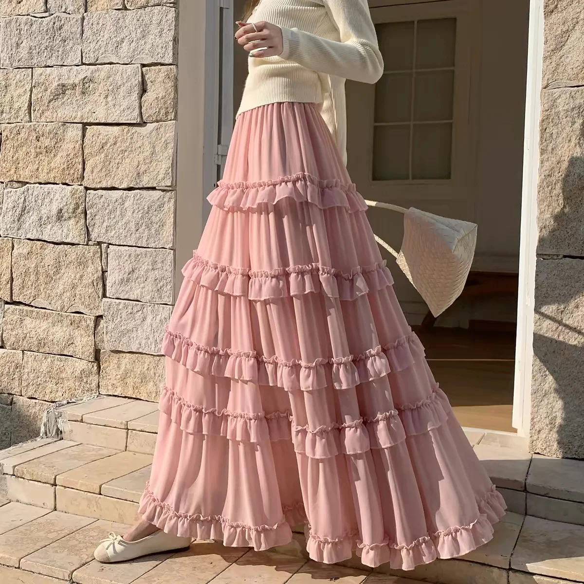 Saia Longa Branca Retrô para Mulheres, Cintura Alta, Elegante, Vintage, com Renda, Estilo Coreano, Casual, para o Verão, Tamanhos Grandes