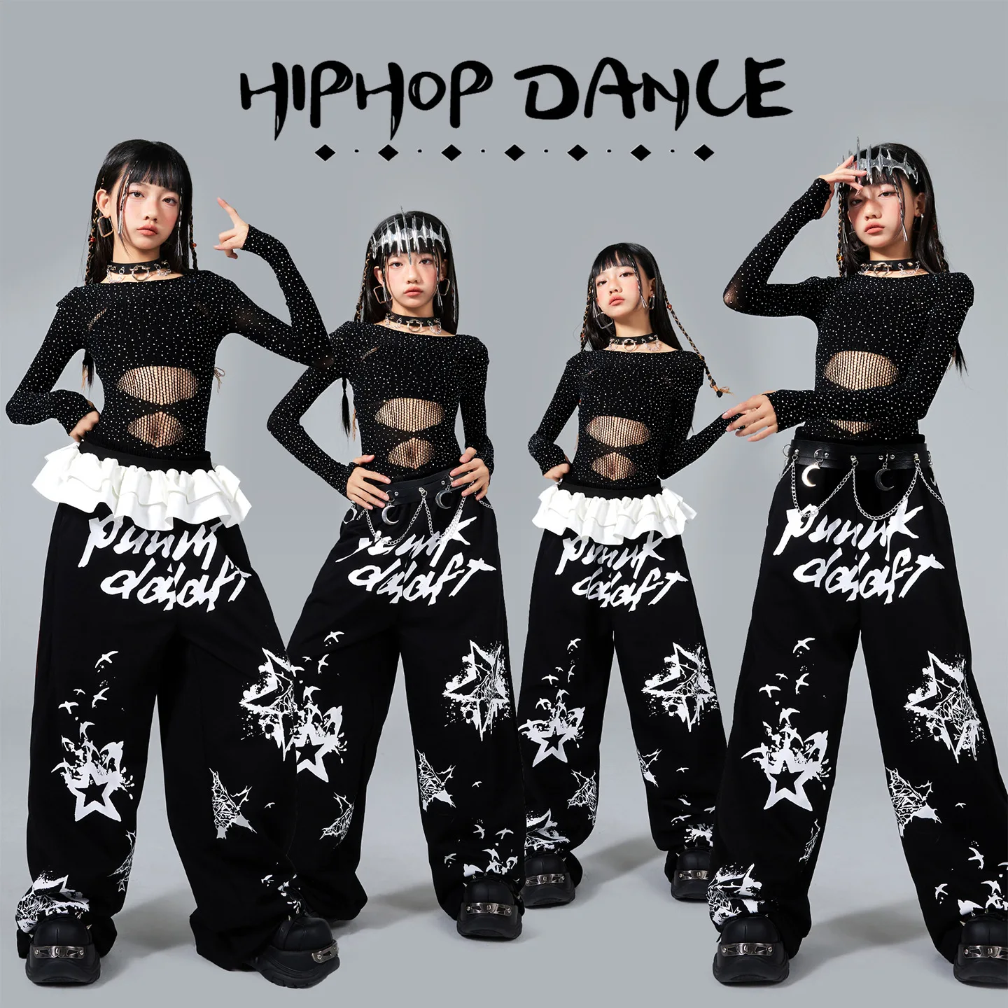 

Комплект одежды для девочек: укороченная блузка из сетки с пайетками и брюки карго для уличных танцев, хип-хопа, джаза, в стиле K-pop для детей и подростков