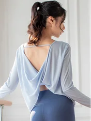 Open Back Long Sleeve Workout Sport Shirts Women Thin Dance Yoga Tops Training Gym Fitness Activewear Sexy Loose Running Tees