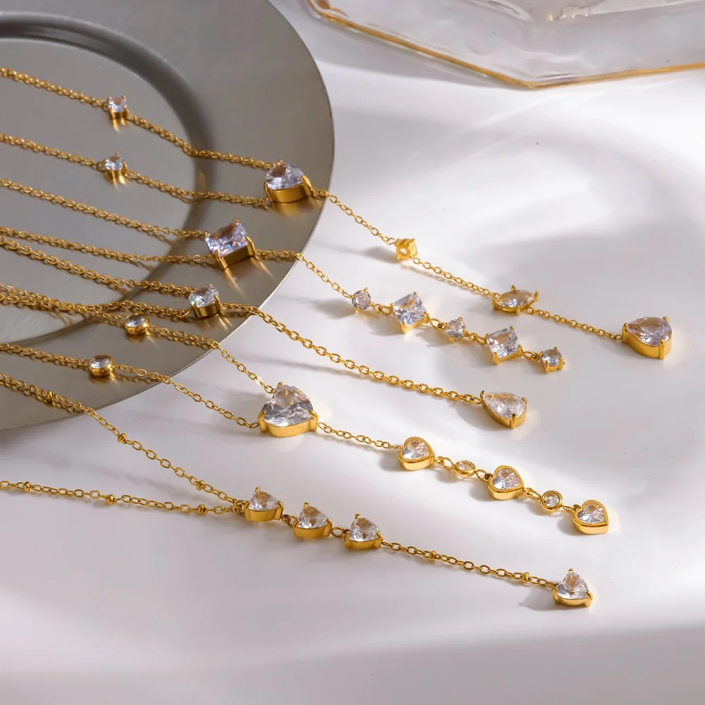 Women's Fashion Stainless Steel Y-Shape Necklace with Long Chain Tassel And Water Drop Zircon Pendant - Temperament Jewelry Acce