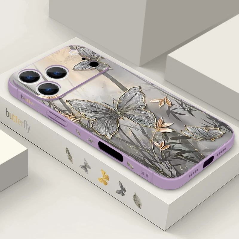 Butterfly Leaves Pattern Soft TPU Case For iPhone 17 16 15 Pro Max 12 13 14 Pro Max Air 11 Wrist Strap Lanyard Silicone Cover