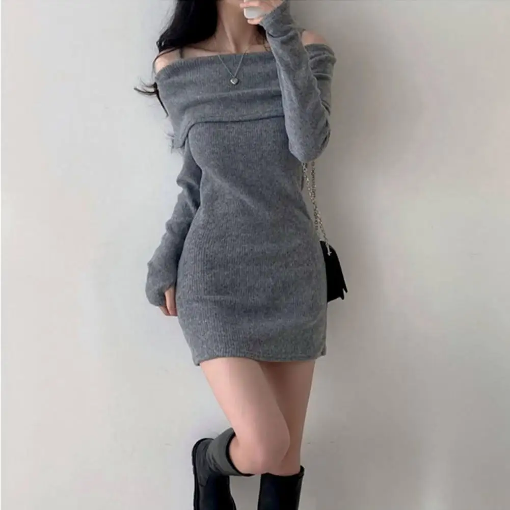 

Knit Blouse Elegant Off Shoulder Knitting Tops for Women Stylish Long Sleeve Pullover Blouse Slim Fit Solid Color Ribbed Sweater