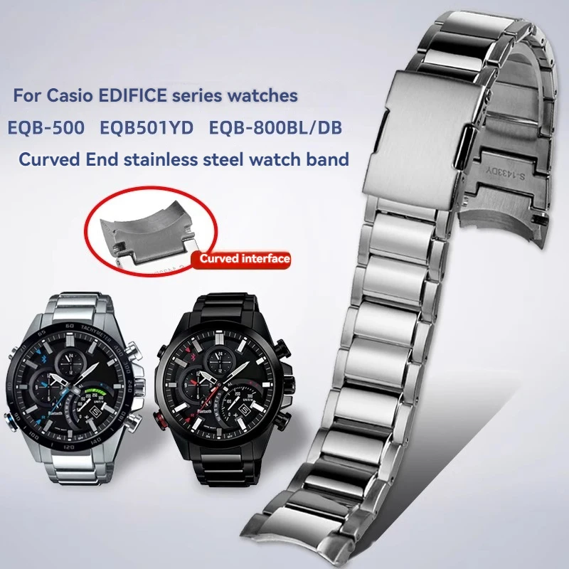 

For Casio EDIFICE Series Strap EQB-500 EQB-501 EQB-800 EFR-303 Solid Curved End Stainless Steel Watch Chain Men 22mm Watchband