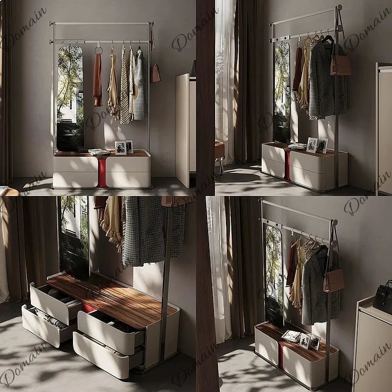 Modern Luxury Floor Coat Rack with Full Length Mirror, Walnut Storage Cabinet for Bedroom Villa