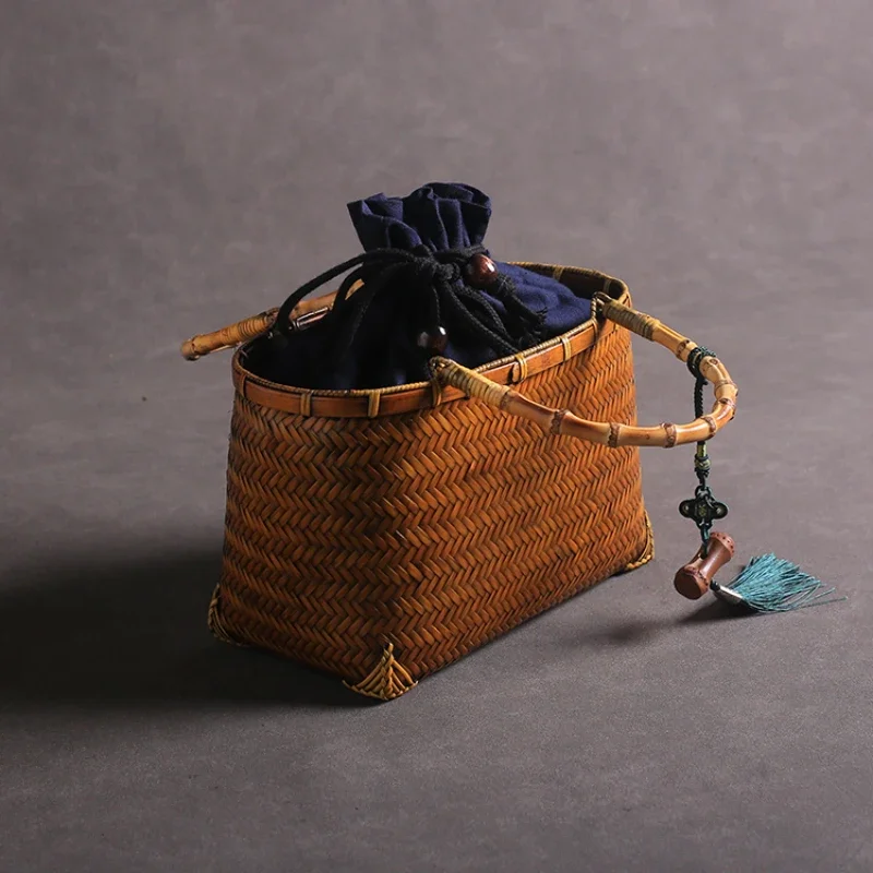 Retro Premium Woven Bag Tableware Storage Bundle Mouth Lining Style Handheld Basket Bamboo Women Bento Handle Organizer Pouch
