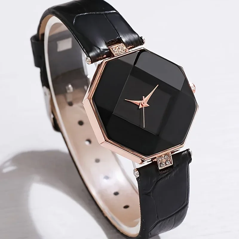 Women's Polygon Quartz Watch Pointer Quartz Watch Analog PU Leather Wrist Watch & Heart Bracelet Gift For Her