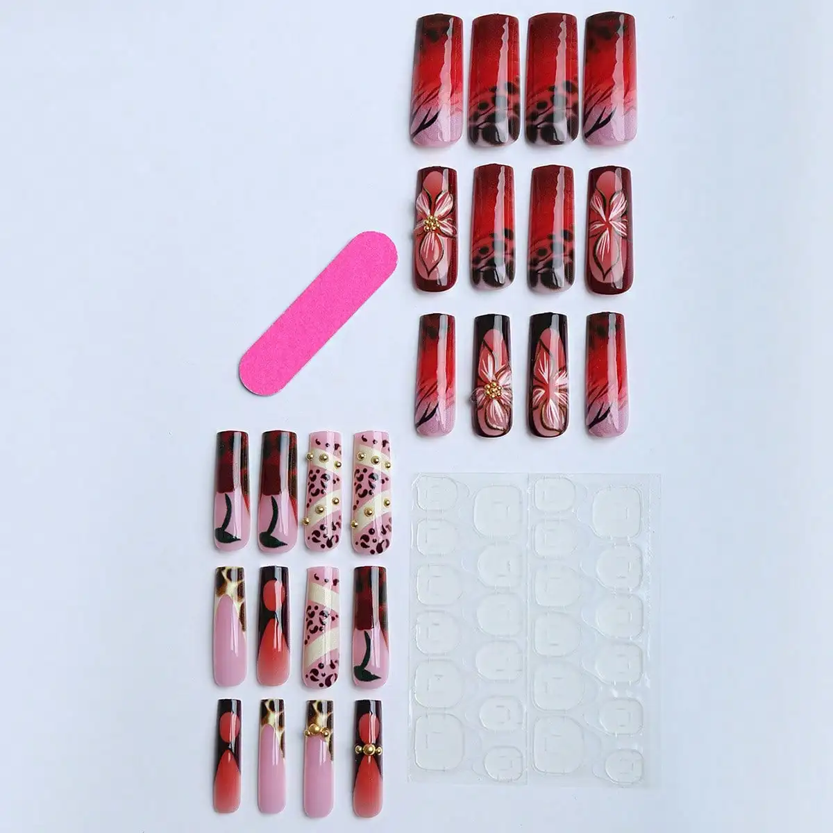 24Pcs Cherry Long Square Press on Nails, Leopard Print 3D Detachable False Nail Tips for Daily Salon DIY Manicure Decor Accessory