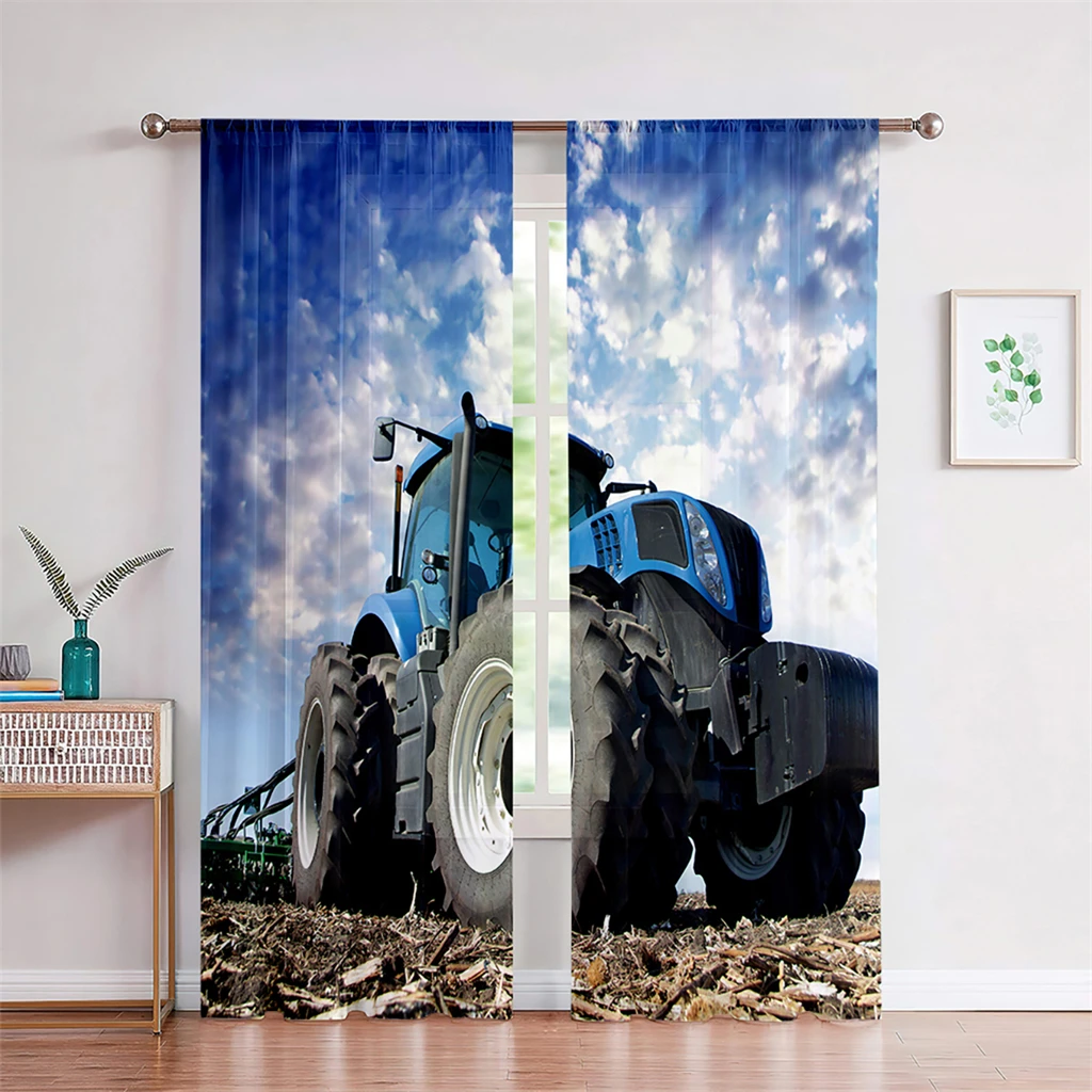 Farm Tractor Curtains 3D Blue Photography Sky Truck Curtains Living Room Bedroom Kitchen Window Decor 2 pcs