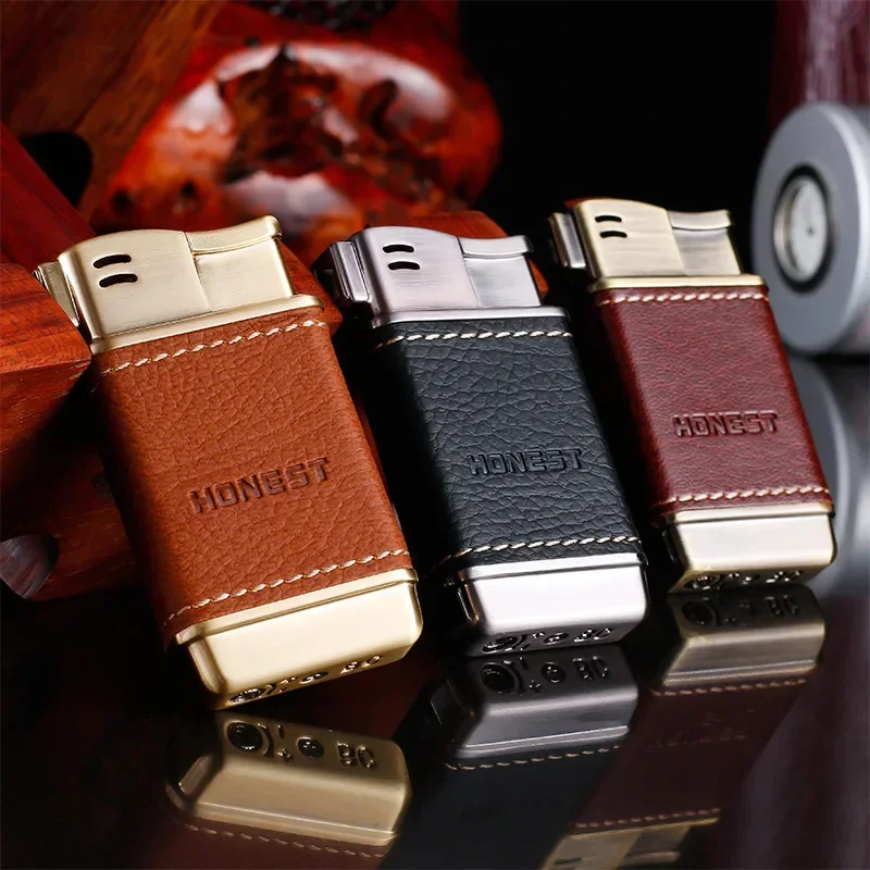 Honest Pipe Lighter Obtique Soft Flame Butane Gas Lighter with Leather Cover Mini Portable Cigarette Lighter Smoking Accessories