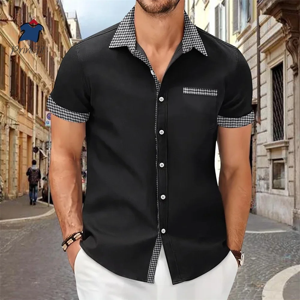 Men Cotton Linen Plaid Blouse Shirts Summer Spring Turn Down Collar Buttonshort sleeve Office Man Workwear Top Men's shirts